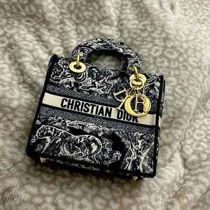 MEDIUM LADY D-LITE BAG Blue Toile de Jouy Reverse Embroidery